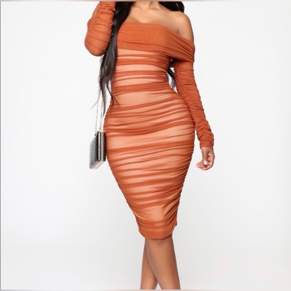 Ready in a Ruched Off Shoulder Midi Dress